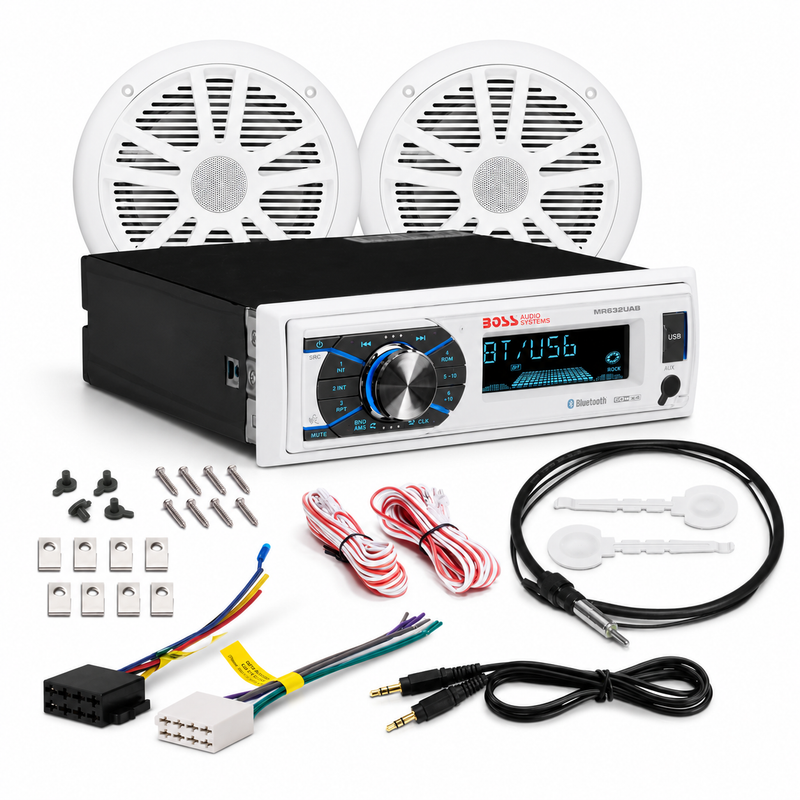 Boss Audio MCK632WB64 Marine Audio Kit — Receiver, 2 Pairs 6.5" Speakers & Antenna, White (153-MCK632WB64)
