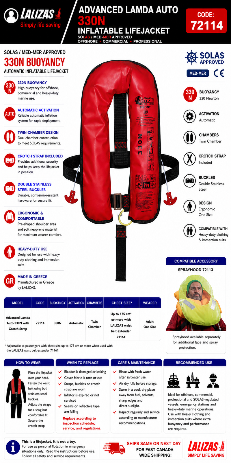 LALIZAS Advanced LAMDA Auto 330N Lifejacket | SOLAS/MED | Crotch Strap | 72114