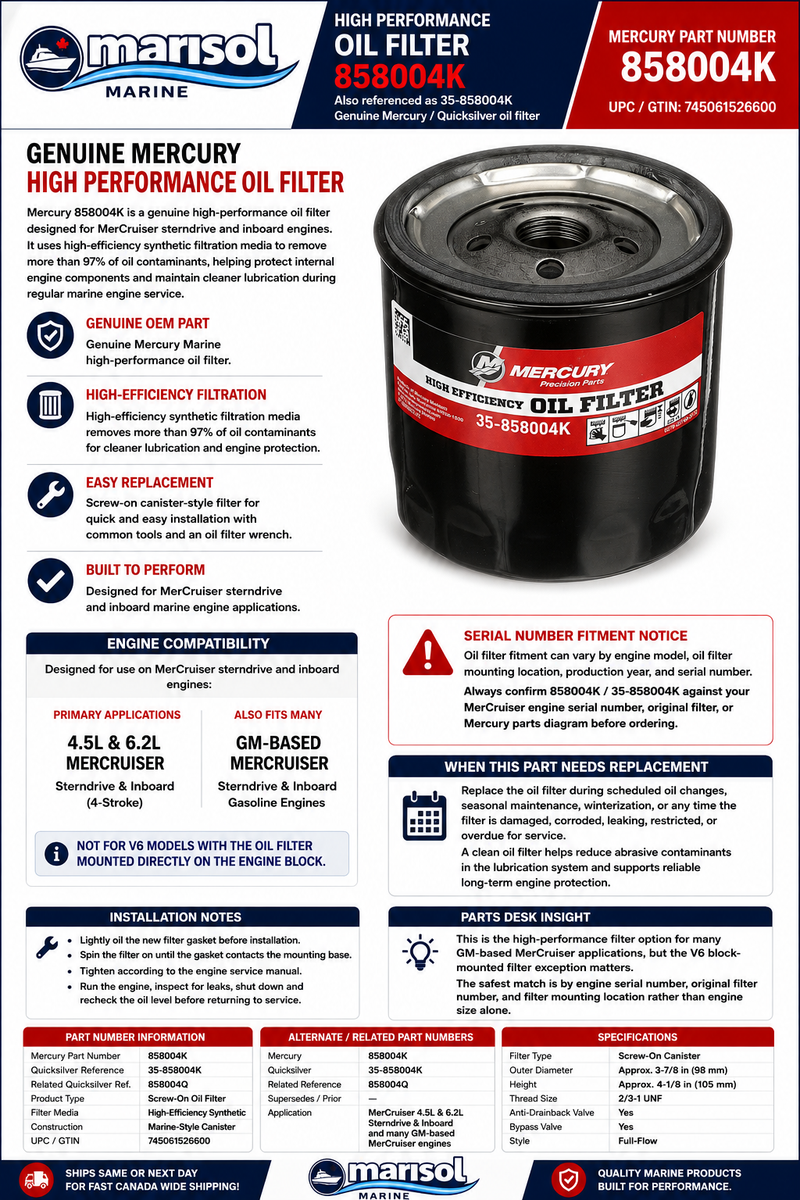 Mercury MerCruiser Quicksilver High Performance Oil Filter 858004K