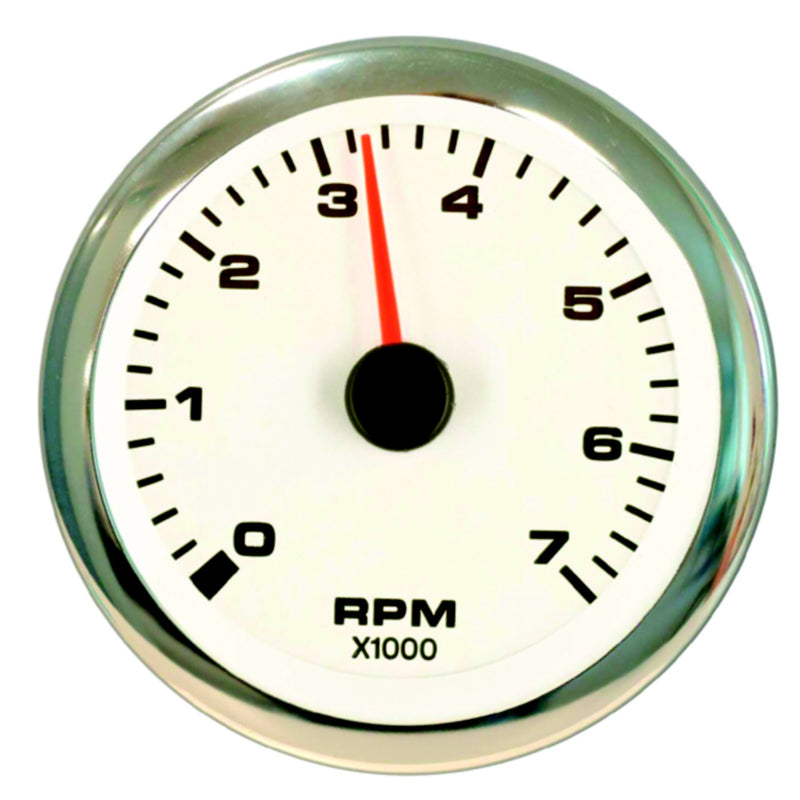 Sierra 62561P White Premier Pro Series 3" Stainless Steel Outboard & 4 Stroke Gas Engine 0-7,000 RPM Dial Range Tachometer Gauge with Outboard Alternator or Coil Sender Code