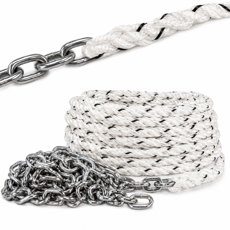 Titan 3-Strand Anchor Rode – 1/2" x 150' Nylon Line, 1/4" x 25' Chain, Shackle | SKU 491-CAR3S12150H1425