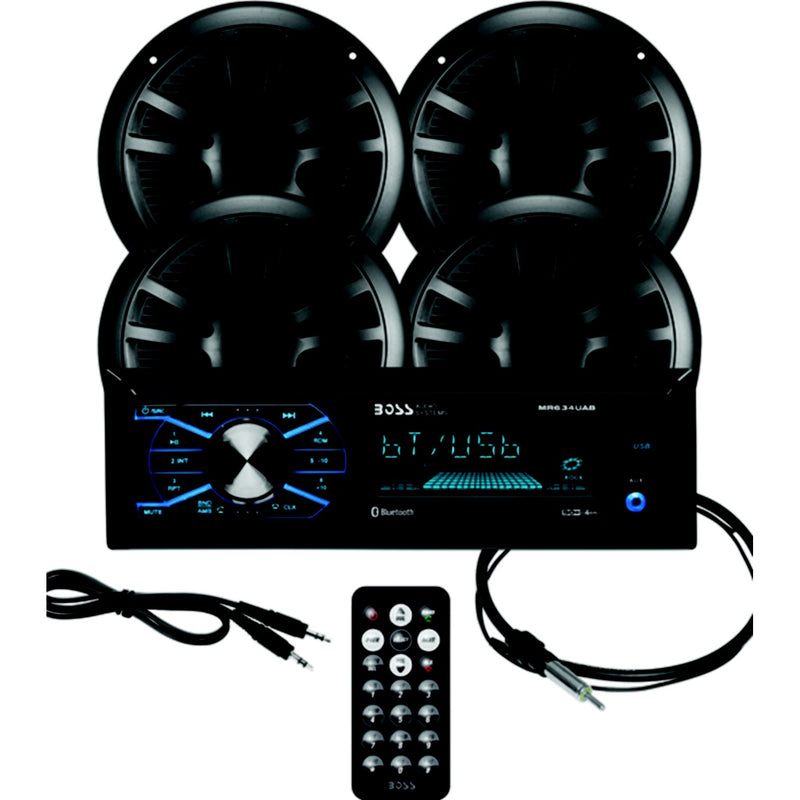 Boss Audio MCBK634B64 Bluetooth Weatherproof Marine Receiver Package w/ 2 pairs of 6.5" Speakers, Black