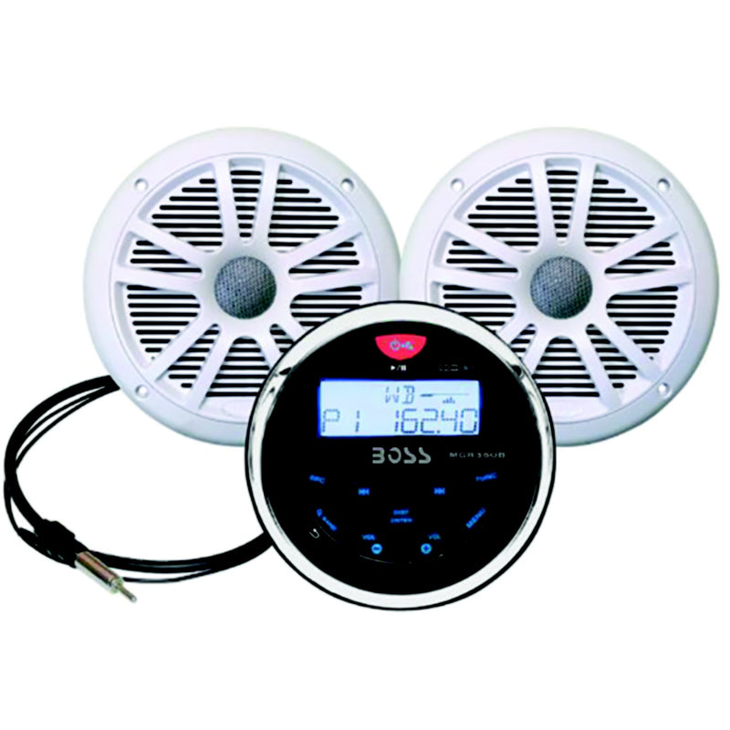 Boss Audio MCKGB350W6 Bluetooth® Black In-Dash Gauge Receiver Package w/ 6-1/2" White Marine Speakers