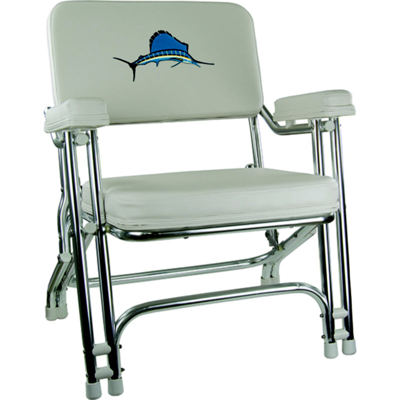 Springfield 1080021EMB Deck Folding Chair, White w/Embroidered Back