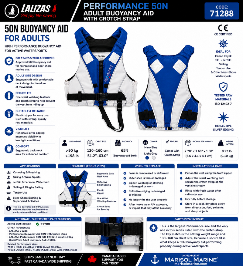LALIZAS Performance Buoyancy Aid 50N with Crotch Strap ISO Adult >198lbs (90kg) - Blue/White