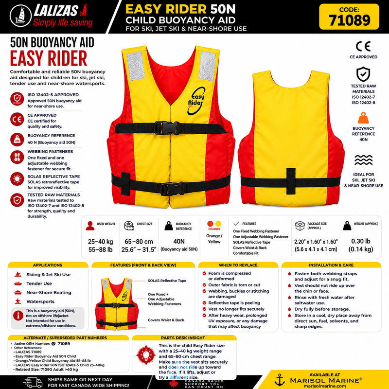 LALIZAS Easy Rider Buoyancy Aid 50N | Child 25–40kg | 71089 | Orange/Yellow