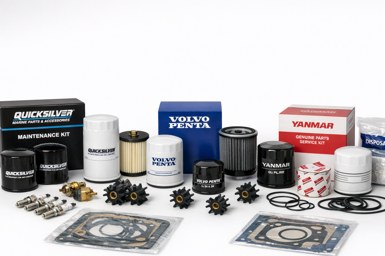 Collection of automotive filters and parts on a white background