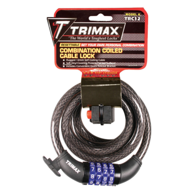 Trimax TRC126 Quadra-Braid 6' x 12mm Cable Lock with Combination & Quick Release Bracket
