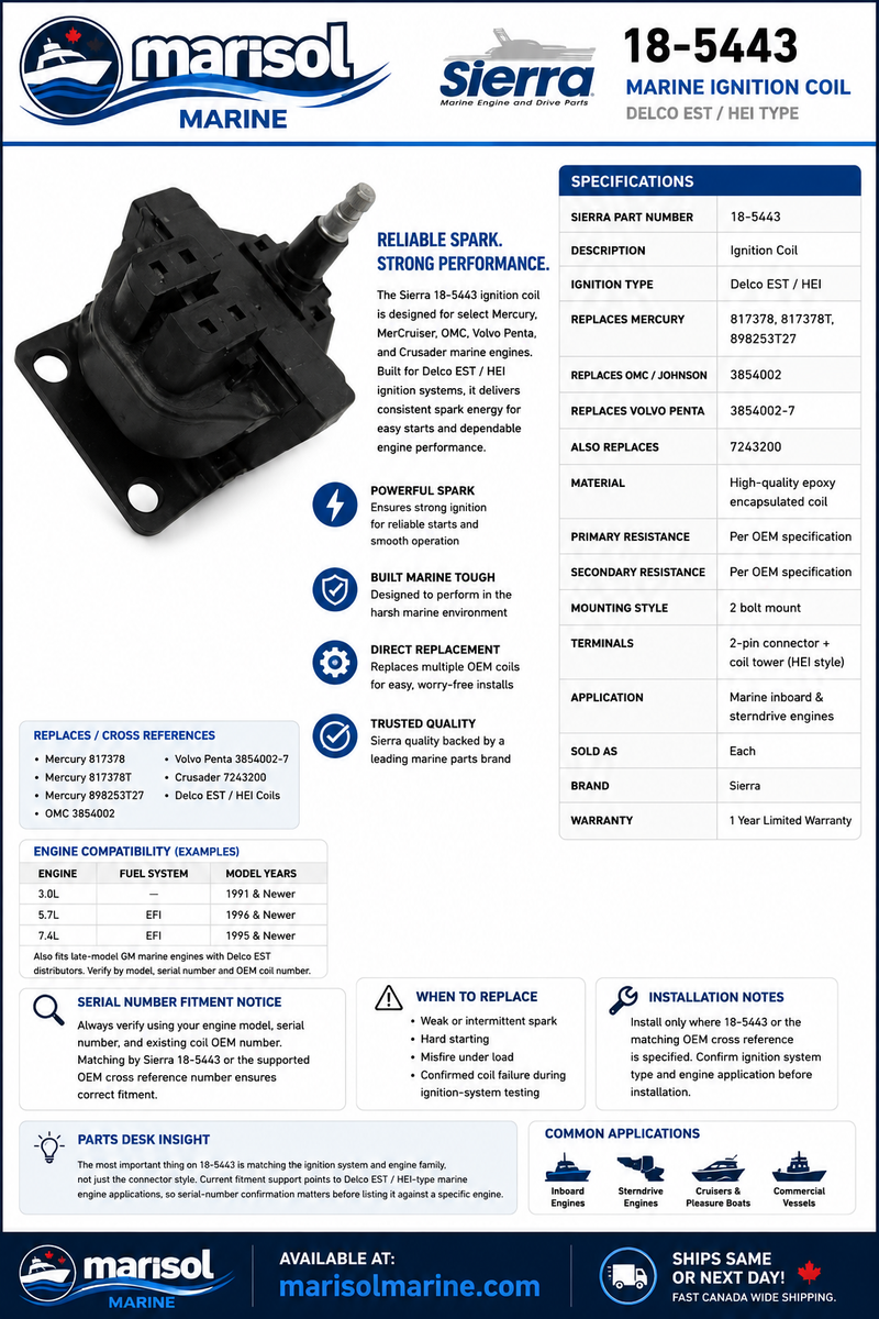 Sierra Marine Ignition Coil — Delco EST/HEI, MerCruiser/OMC/Volvo Penta, Replaces Mercury 817378 | SIE-18-5443