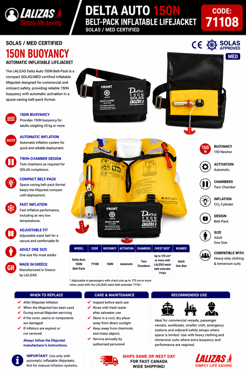 LALIZAS Delta Auto 150N Lifejacket | SOLAS/MED | Belt-Pack | 71108