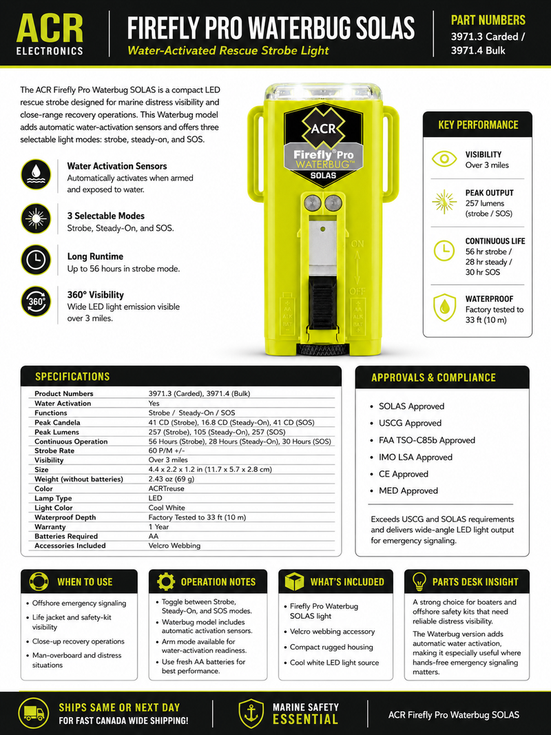 ACR Firefly PRO Waterbug SOLAS Strobe Light — Auto Water-Activated, 3-Mode, 41cd | ACR 3971.3 flagged -price issue