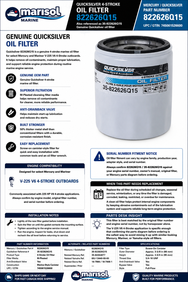 Mercury MerCruiser Quicksilver Oil Filter 822626Q15
