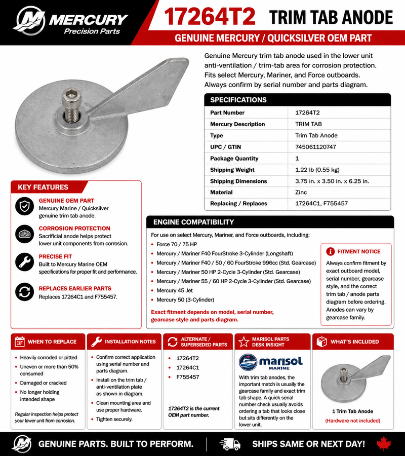 Mercury Quicksilver Trim Tab Anode 17264T2