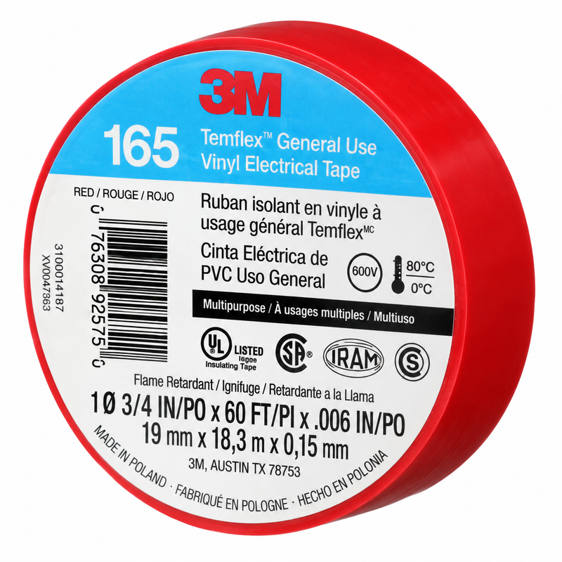 3M Vinyl Tape - 19MMX18M Temflex Tape Red | 165RD4A