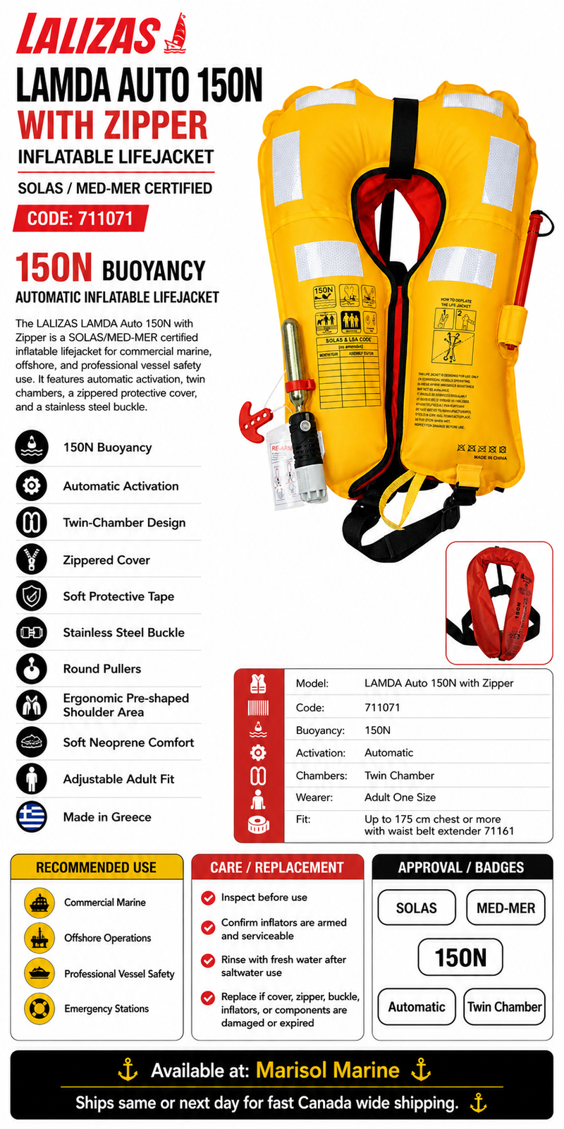 LALIZAS LAMDA Auto 150N Lifejacket | SOLAS/MED-MER | Zipper | 711071