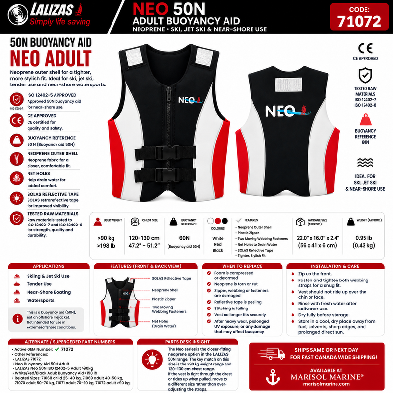 LALIZAS Neo Buoyancy Aid 50N | Adult >90kg | 71072 | Neoprene White/Red/Black