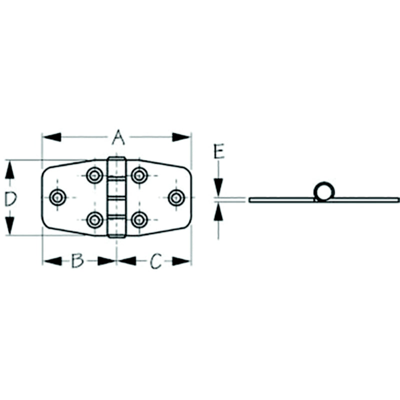 Sea-Dog 2035301 Dampening Door Hinge, #8 FH, Weight= .11/ .22 A= 2-7/8" , B=1-7/16", C=1-7/16" D=1-1/2", E=1/16"