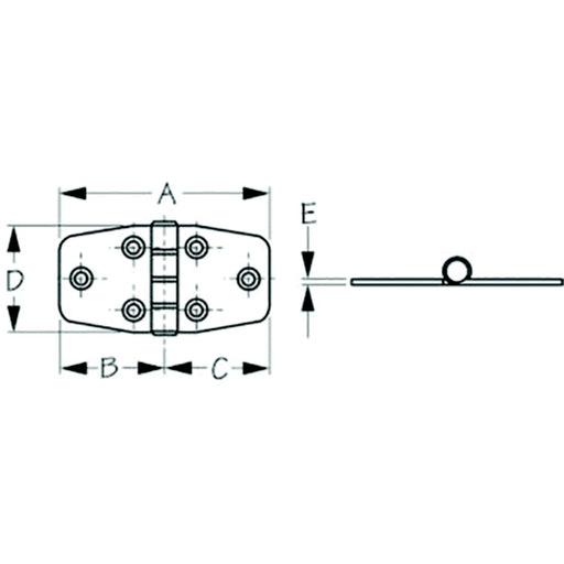 Sea-Dog 2035301 Dampening Door Hinge, #8 FH, Weight= .11/ .22 A= 2-7/8" , B=1-7/16", C=1-7/16" D=1-1/2", E=1/16"