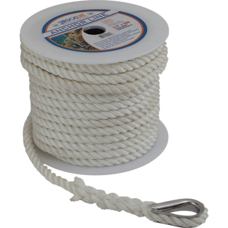 Sea Dog 301110100WH1 Premium Twisted 3-Strand Nylon Anchor Line, 3/8" × 100'