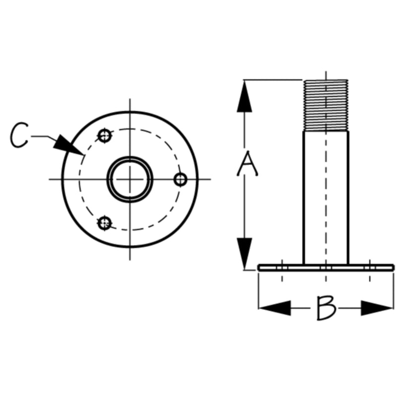 Sea-Dog 3295171 Fixed Antenna Base, A: 1-1/2", B:3", C: 2-1/4", 1/4" RH