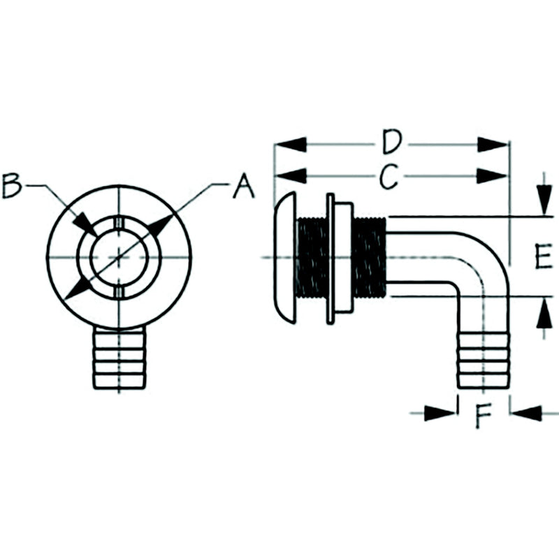 Sea-Dog 520835 90° Thru-Hull With Stainless Cap, A:2-3/8", B: 1-1/8", 1-13/16" ,D: 4-5/16", E: 1-9/16" ,F: 1-1/2", Stainless