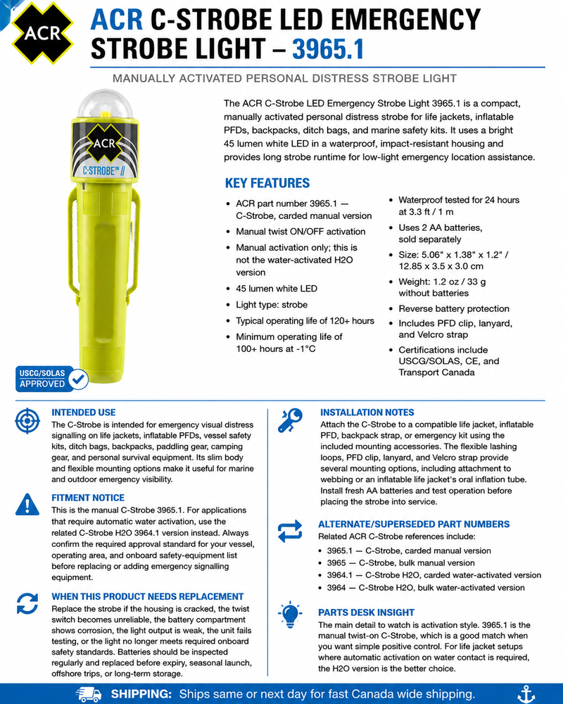 ACR C-Strobe LED Emergency Strobe Light — Manual Twist-On, 45 Lumen, 120+ Hr, USCG/SOLAS | ACR 3965.1