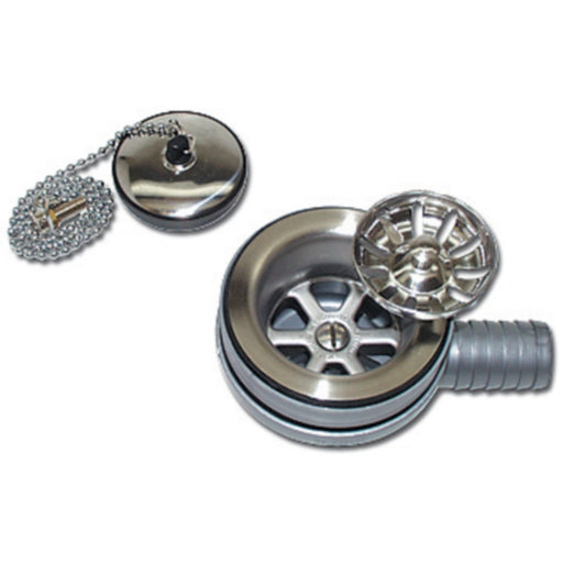 Scandvik 10308 Sink Drain With Basket and Stopper Fits 2-1/16" Drain Hole With a 1" Hose Barb Outlet