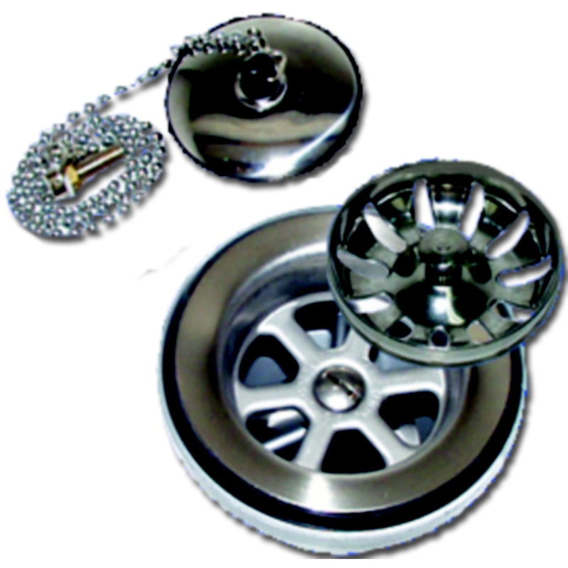 Scandvik 10313 1-1/2" Outlet Sink Drain With Basket and Stopper Fits 2-1/16" Drain Hole