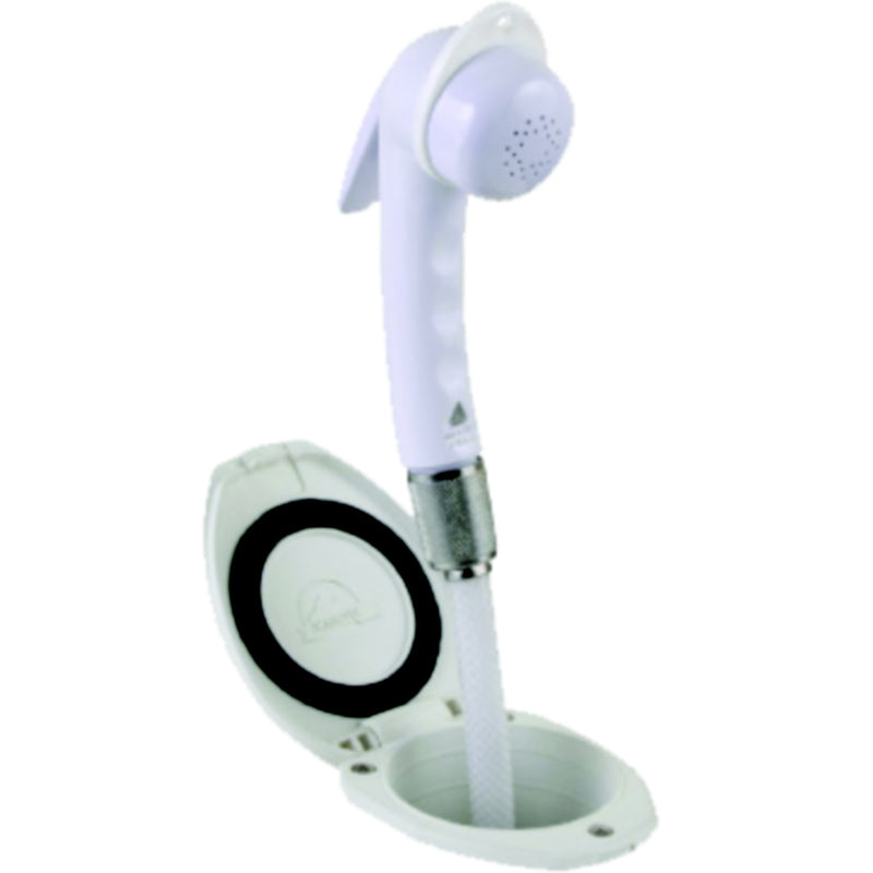 Scandvik 12107 Recessed Euro Sprayer Transom Shower White Handle, Cup and Cap with 6' White Nylon Hose