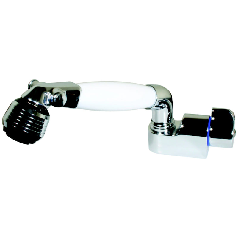 Scandvik 14412 Cold Water Faucet and Shower Combination With Adjustable Aerator and Built-in Water Conservation Valve, White Handle With 5' White Nylon Hose