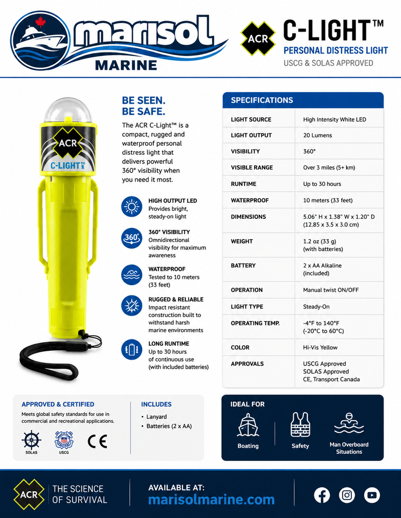 ACR C-Light LED Emergency Light — Manual Twist-On, 20 Lumen, 30+ Hr, USCG/SOLAS | ACR 3963.1