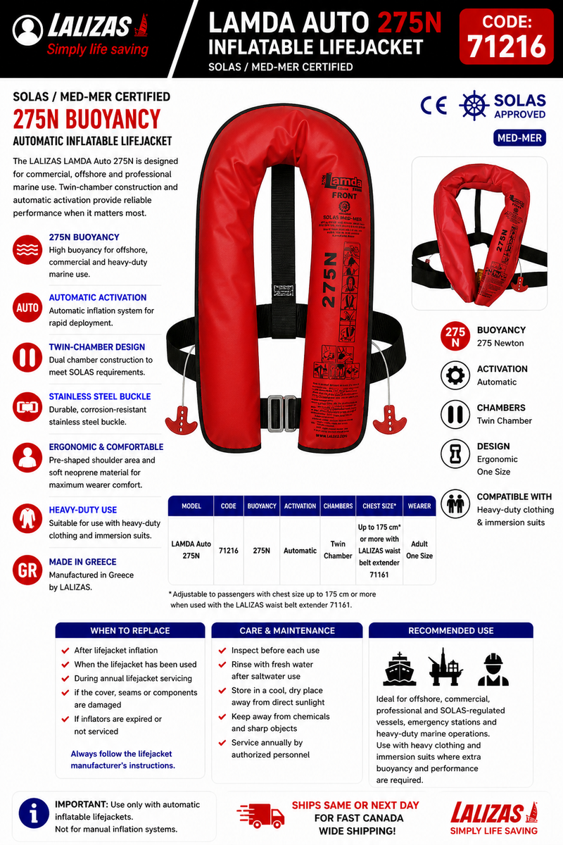 LALIZAS LAMDA Auto 275N Lifejacket | SOLAS/MED-MER | SS Buckle | 71216