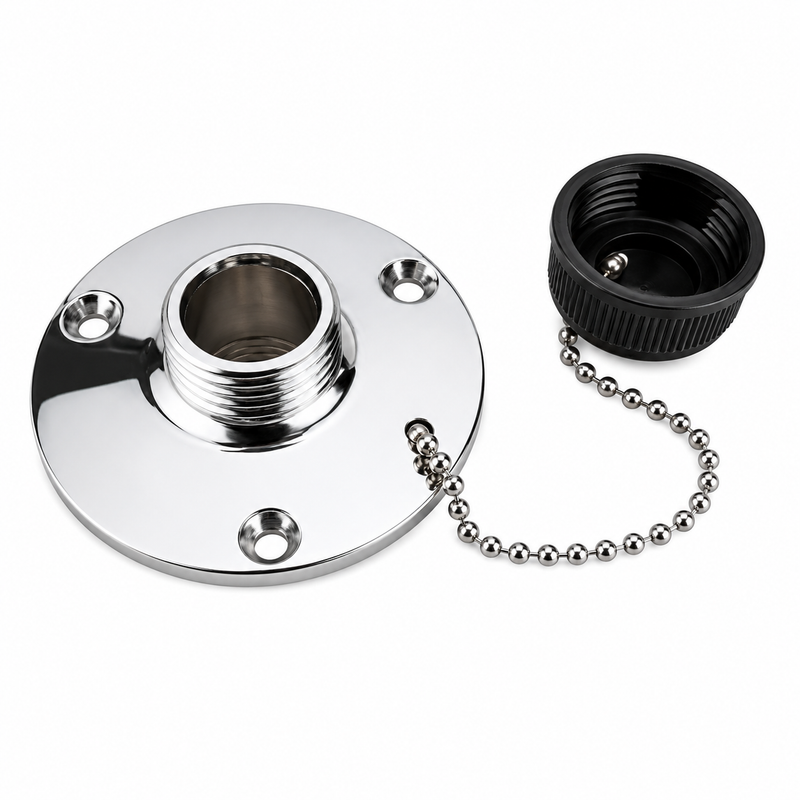 Sea-Dog Chrome-Plated Brass Washdown Water Outlet — 1/2" FIPT x 3/4" MGHT, with Cap & Chain (512120)