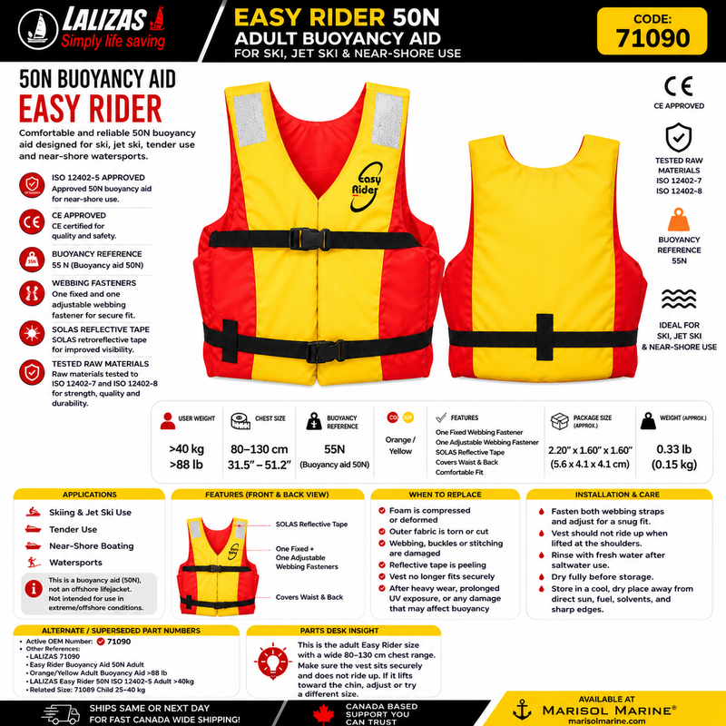 LALIZAS Easy Rider Buoyancy Aid 50N | Adult >40kg | 71090 | Orange/Yellow
