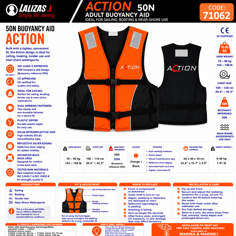 LALIZAS Action Buoyancy Aid 50N | Adult 70–90kg | 71062 | Orange/Black