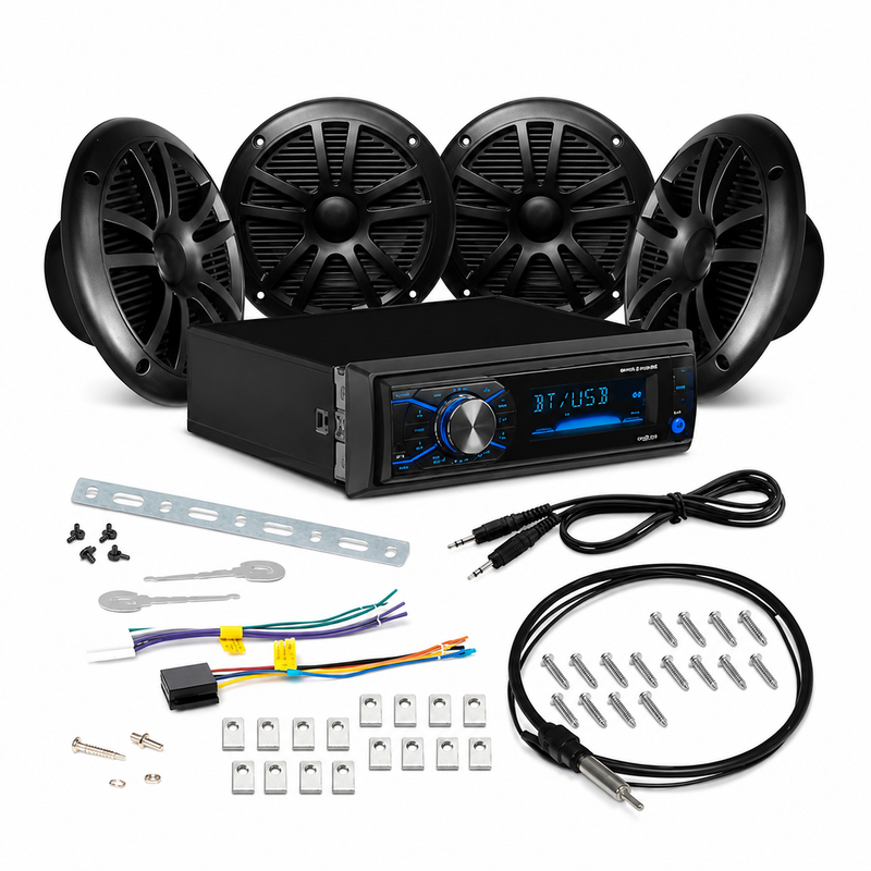 Boss Audio MCBK634B64 Bluetooth Weatherproof Marine Receiver Package w/ 2 pairs of 6.5" Speakers, Black