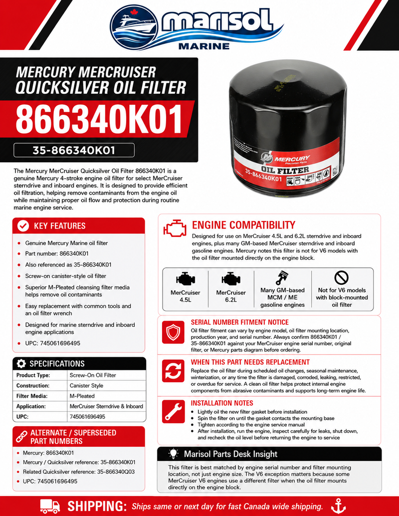 Mercury MerCruiser Quicksilver Oil Filter 866340K01