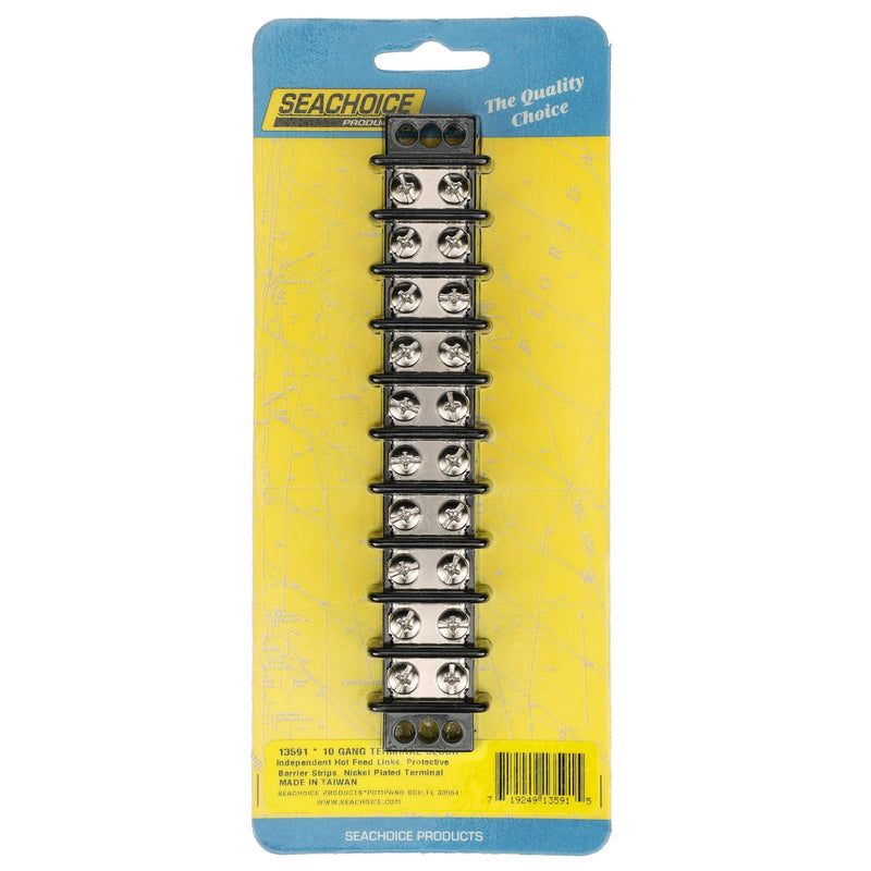Seachoice 13591 Terminal Block, 10-Gang, Nickel Plated Brass Terminals