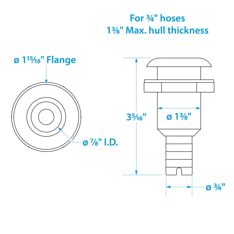 Seachoice Covered Thru-Hull Fitting w/ Stainless-Steel Flange, Fits 3/4 In. ID Hose