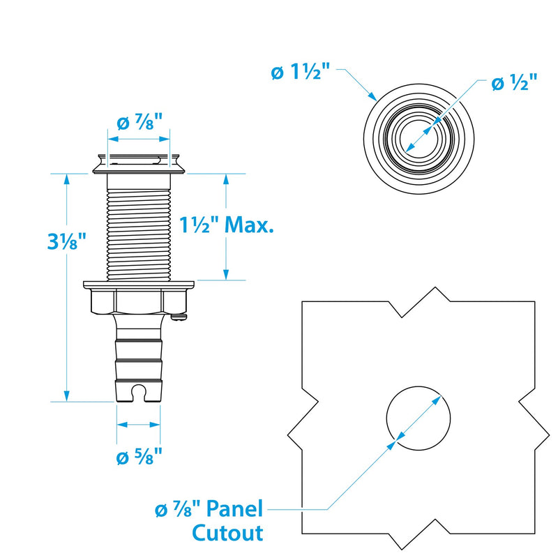 Seachoice Mega-Flow Dripless Thru Hull Fitting, 316 Stainless Steel, Fits 5/8 in. Hose, 1-1/2 in. Max. Hull