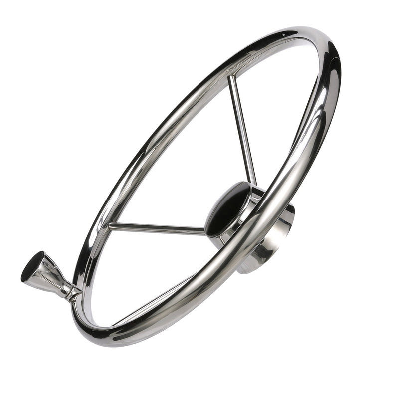 Seachoice 5-Spoke Destroyer Steering Wheel w/ Turning Knob, Stainless Steel, Black Center Cap