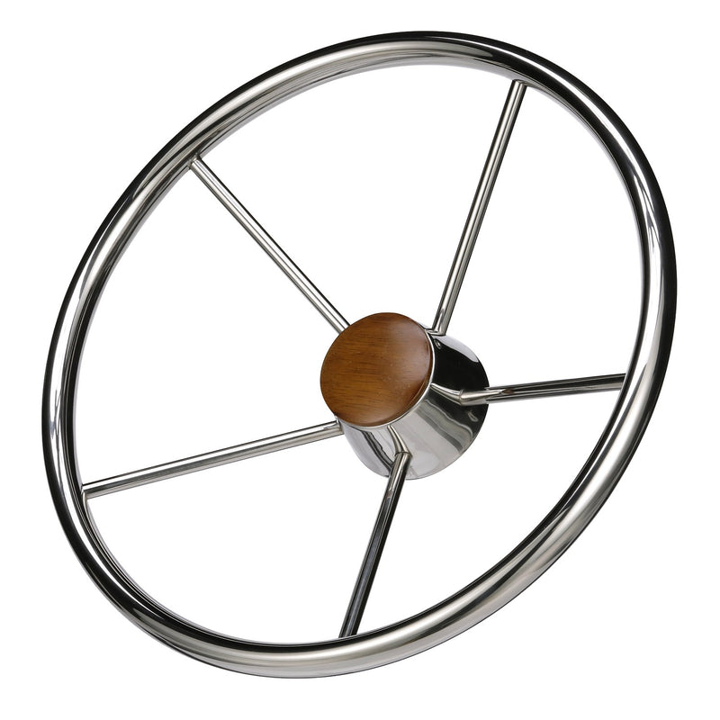 Seachoice 5-Spoke Destroyer Steering Wheel, Stainless Steel, Genuine Teak Center Cap