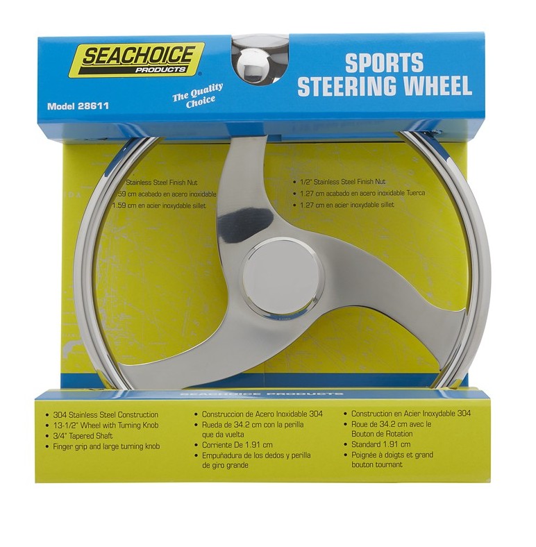Seachoice 3-Spoke Stainless Steel Steering Wheel with Turning Knob – 13.5", 3/4" Tapered Shaft