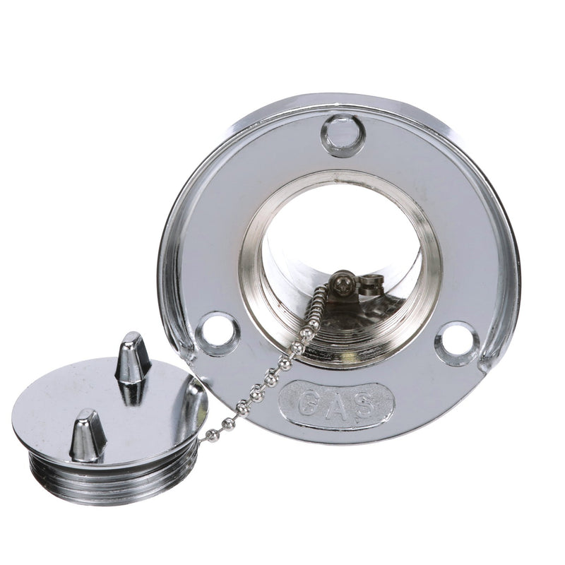 Seachoice Deck Mount Gas Fill Plate w/ Cap, Chrome-Plated Zinc, Includes Rubber Gasket and Beaded Chain Cap Tether