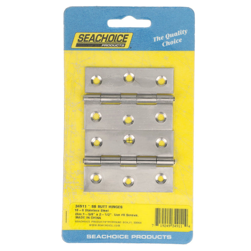 Seachoice 34911 Marine-Grade Butt Hinges, 18-8 Stainless Steel, 2-1/2 in. X 1-5/8 in., Pack of 2