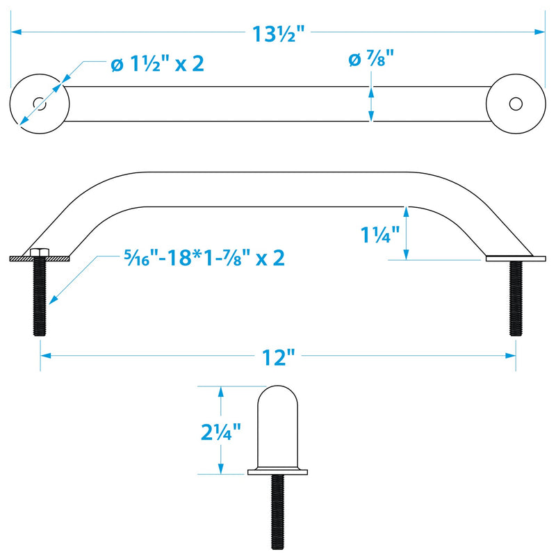Seachoice Hand Rail w/ Studs, 12 In. Long, 304 Stainless Steel, 5/16-18 X 1-7/8 In. Studs