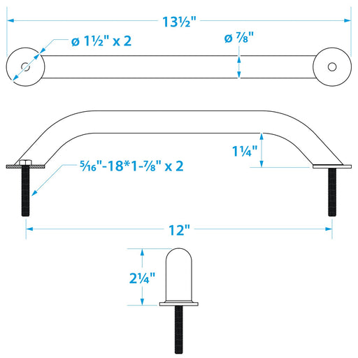 Seachoice Hand Rail w/ Studs, 12 In. Long, 304 Stainless Steel, 5/16-18 X 1-7/8 In. Studs