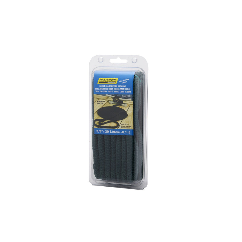 Seachoice Double-Braid Nylon Dock Line w/ Eye Splice, Pre-Shrunk, Heat Stabilized, 3/8 In. X 20 Ft., Forest Green