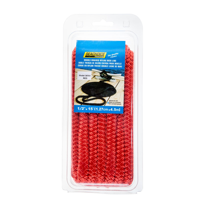 Seachoice Double-Braid Nylon Dock Line w/ Eye Splice, Pre-Shrunk, Heat Stabilized, 1/2 In. X 15 Ft., Red