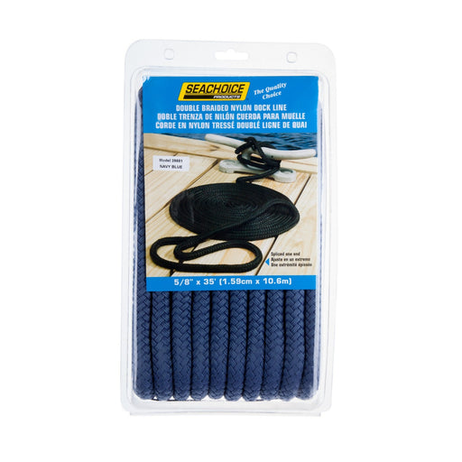 Seachoice Double-Braid Nylon Dock Line w/ Eye Splice, Pre-Shrunk, Heat Stabilized, 5/8 In. X 35 Ft., Navy Blue